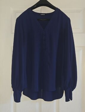 Express Women's Royal Blue V-Neck Button Blouse
